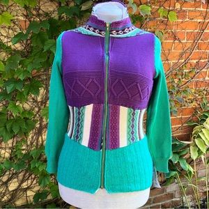 Purple Green Upcycled Sweater Medium Wool Cotton Patchwork